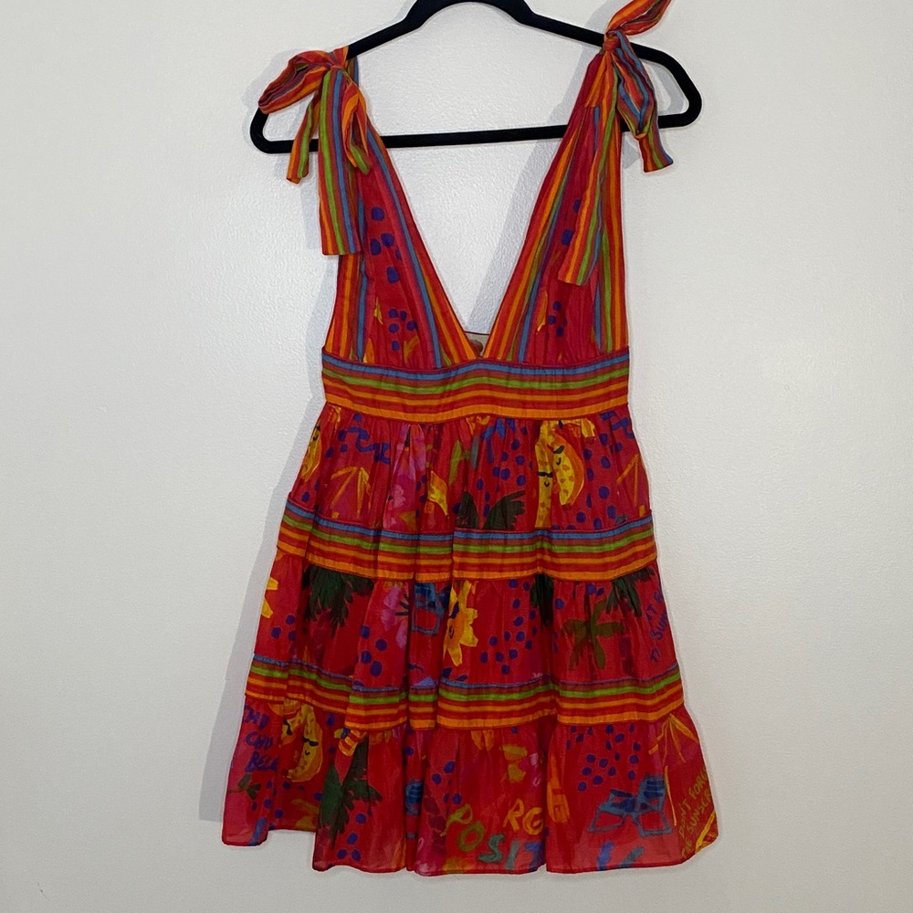 Farm Rio Good Vibes Mini Dress Vibrant Tropical Plunge Vneck Cotton Size Xs